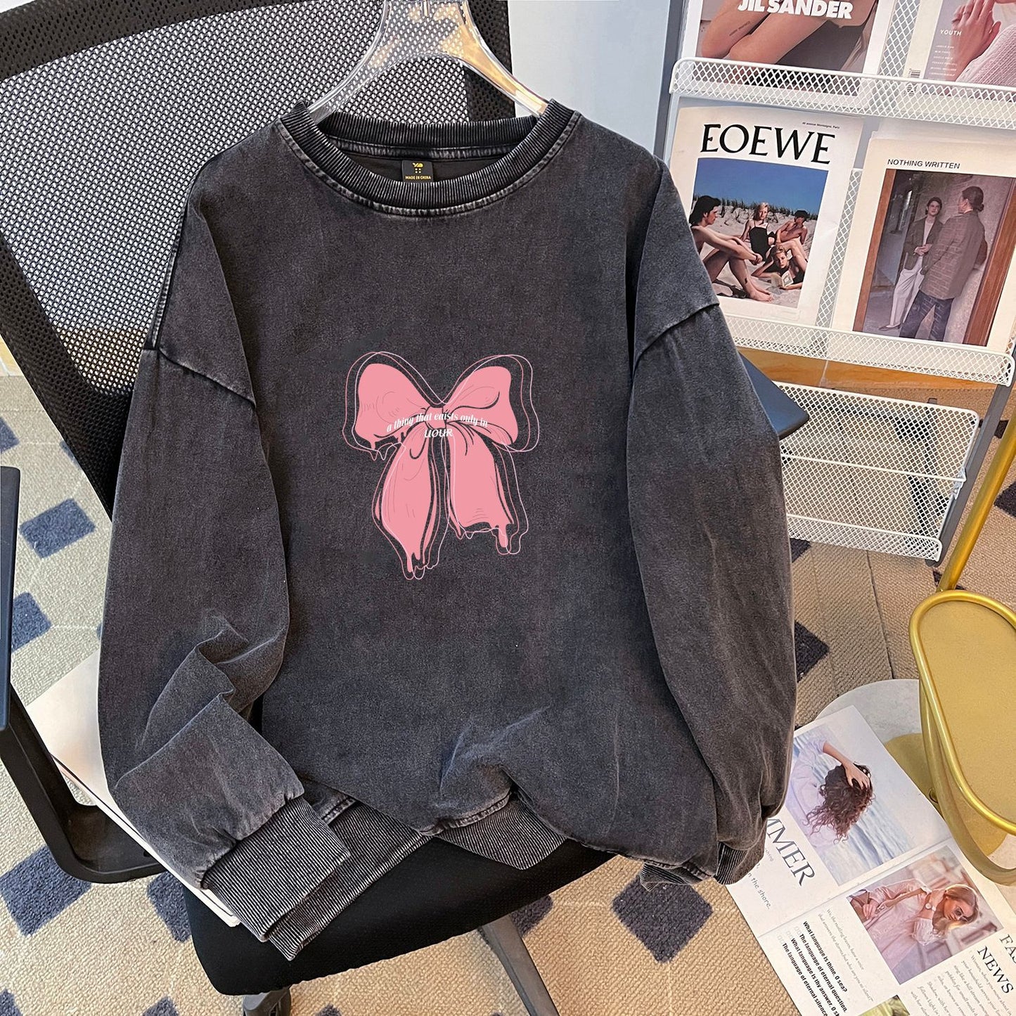 Fleece Lined Bow Sweater | Washed Black, Thickened Loose Fit | noémi