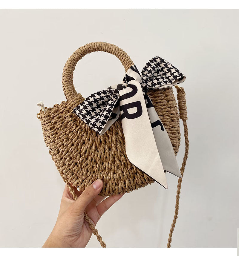 Straw Crossbody Bag with Plaid Scarf | Stylish Woven Summer Beach Bag | noémi