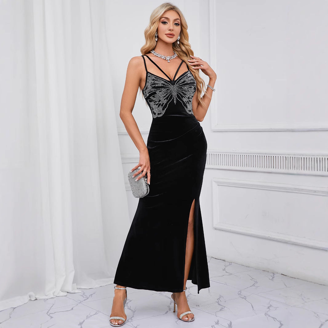 Butterfly Bodycon Evening Dress | Strappy Slit Gown with Rhinestone Detail | noémi