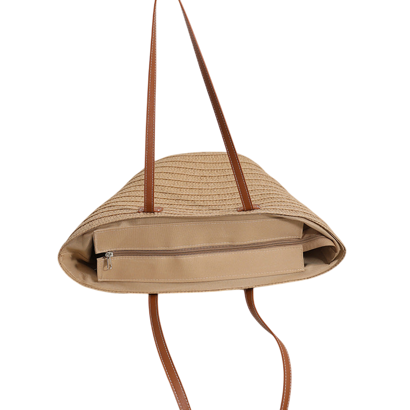 Large-Capacity Straw Shoulder Tote Bag – Hand-Woven Brown, Beach Ready | noémi