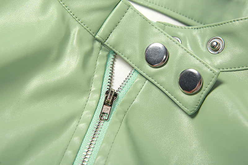 Womens Cropped Faux Leather Zipper Coat | Long Sleeve Sheath Jacket | noémi