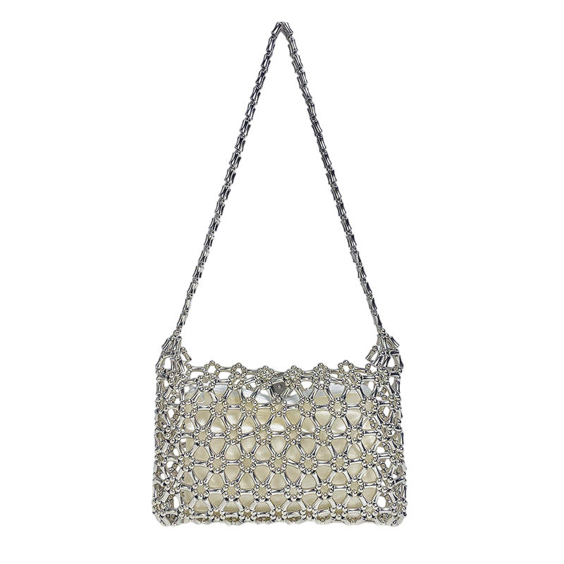 Silver Bamboo-Beaded Shoulder Bag – Hand-Woven Small Carryall | noémi
