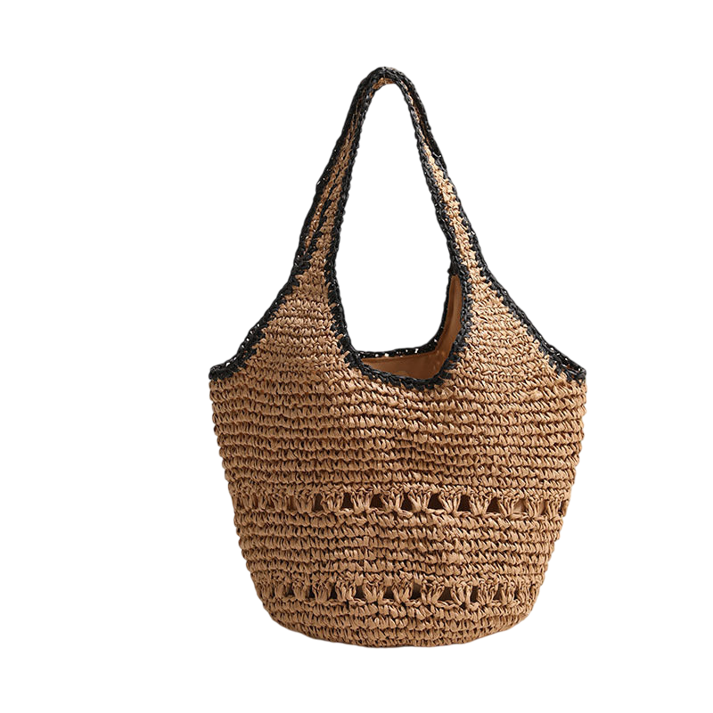 Large-Capacity Straw Shoulder Tote – Hollow-Out Woven, Natural/Black | noémi