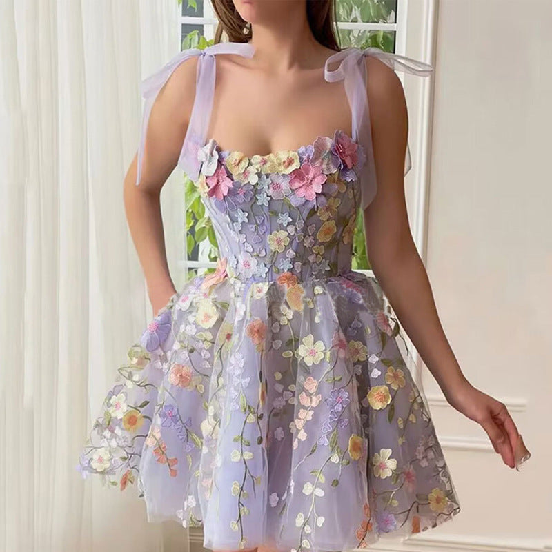 Three Dimensional Floral Embroidered Organza Sheath Cami Dress | noémi