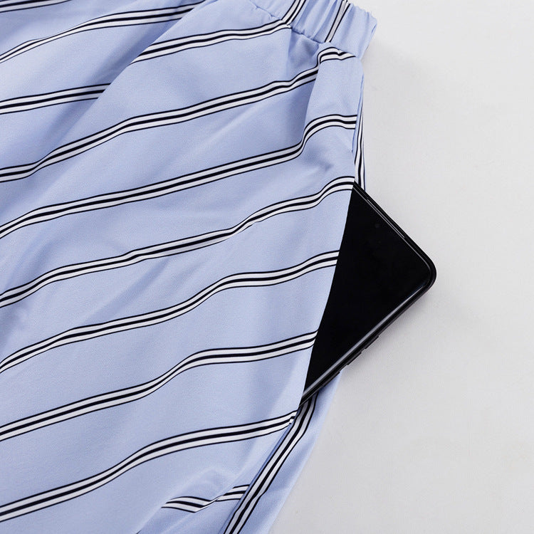 Womens Striped Two Piece Skirt Set | Long Sleeve Round Neck Pullover Top with Tie Waist | noémi
