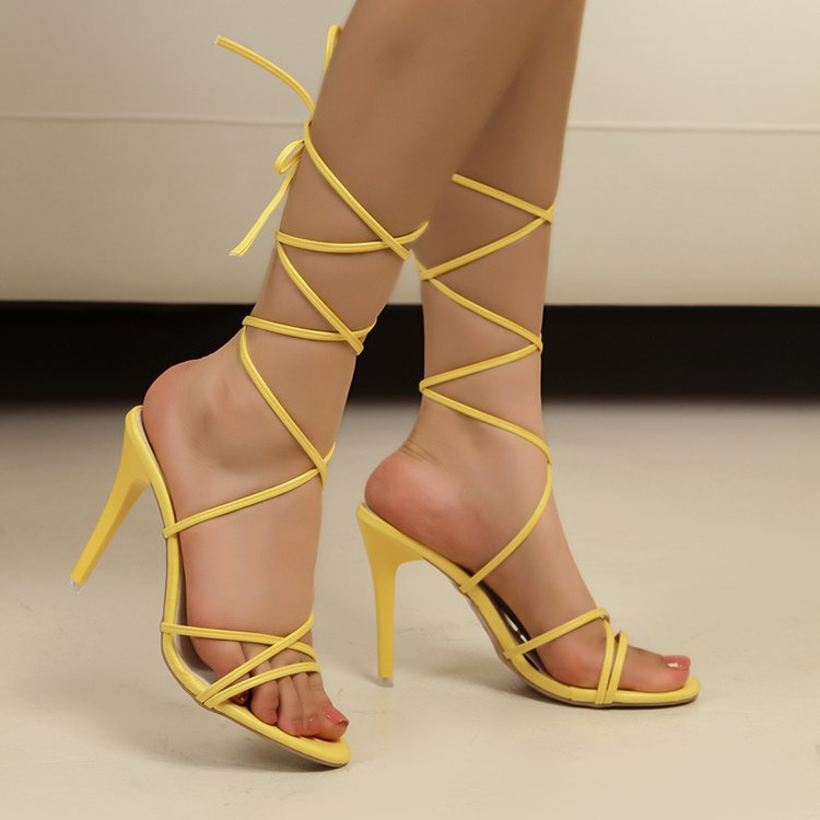 Strappy Yellow Lace Up Heels | Stiletto Sandals with Wrap Around Ankle Ties for Women | noémi
