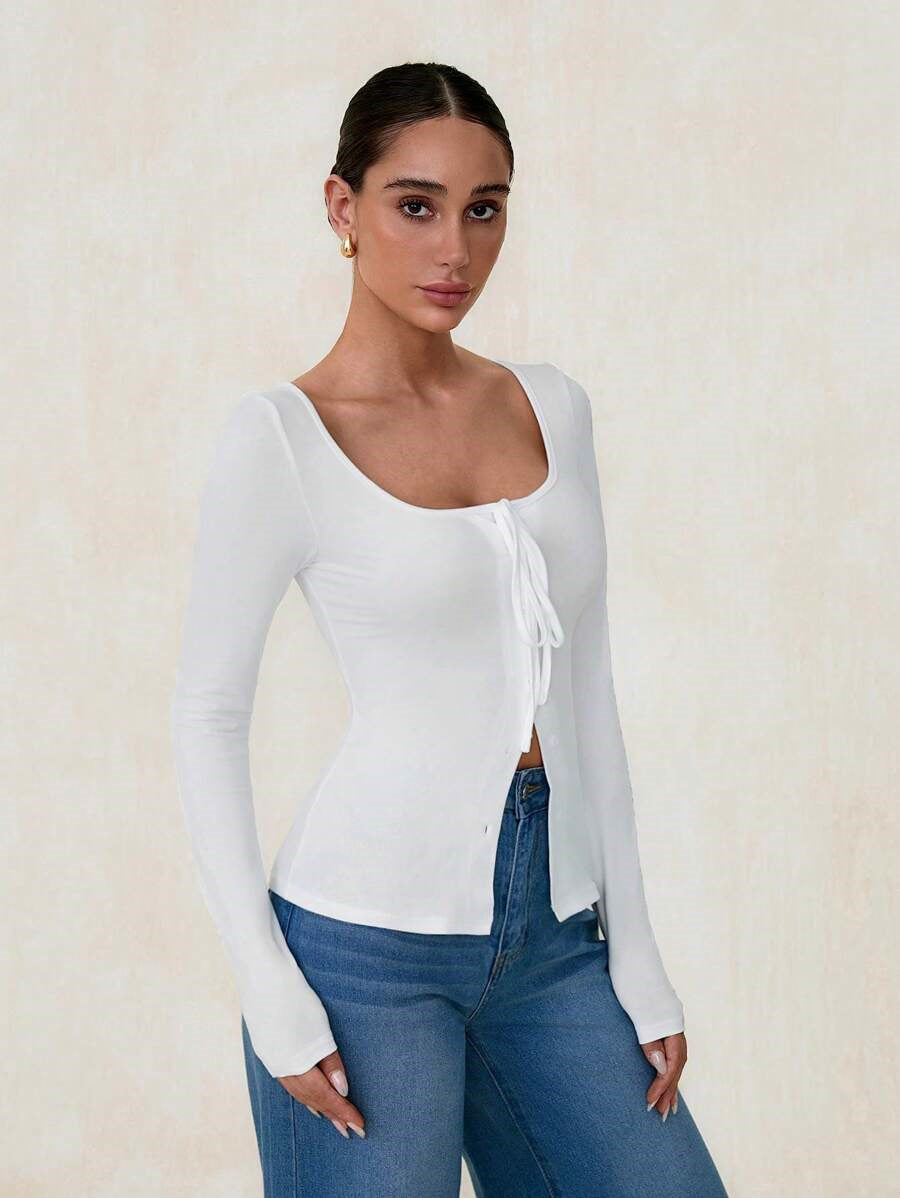 Women's Long Sleeve Cardigan Top with LaceUp Front | Button Detail | noémi