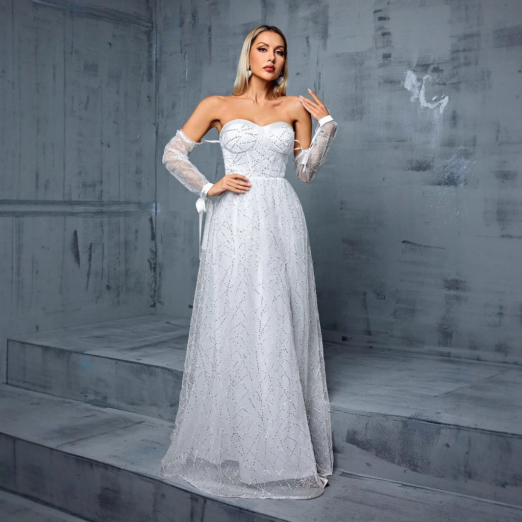 Off Shoulder White Wedding Dress | Backless Slit Gown with Sheer Sleeves | noémi