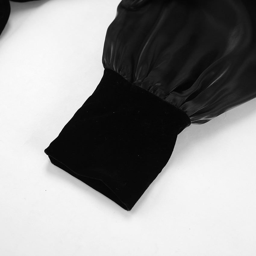 Black Square Neck Puff Sleeve Velvet Knit Dress | noémi