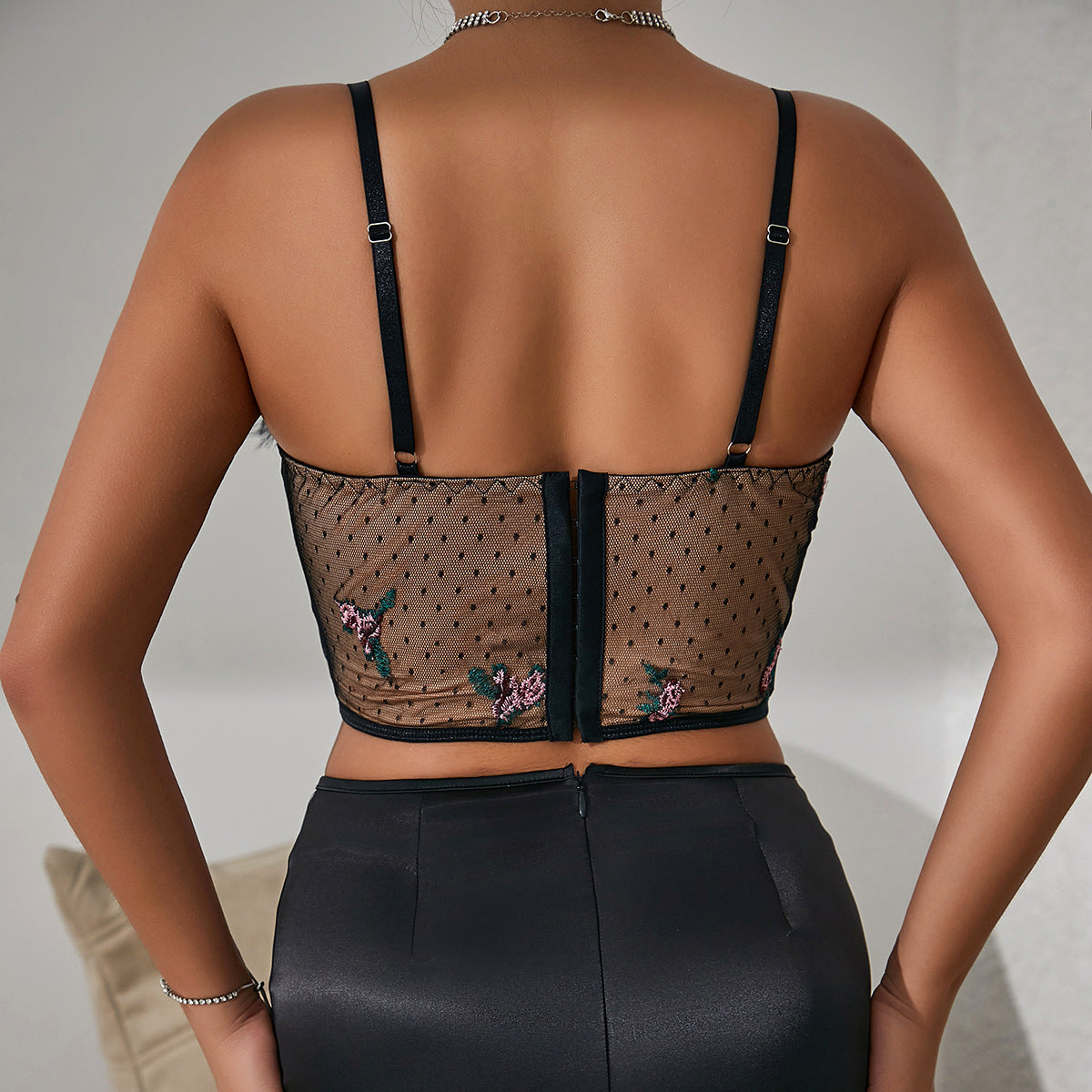 Womens Sheer Mesh Feather Bustier Top | Black Lace Up Crop Top with Embroidery & Faux Fur Trim | noémi