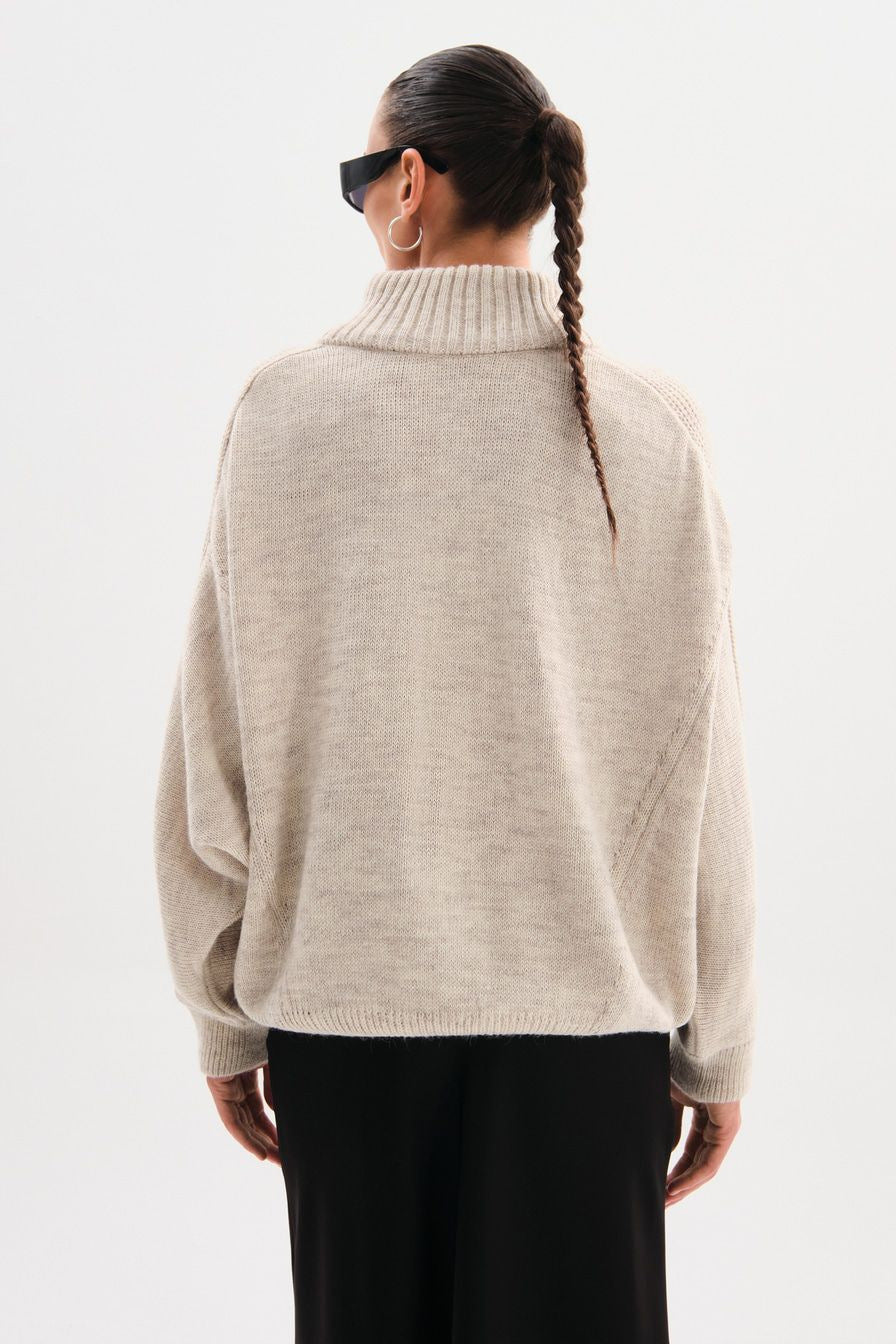 Womens Oversized Knit Sweater | Half Zip, High Neck, Soft Beige Pullover | noémi