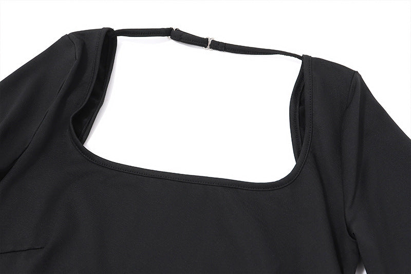 Backless Black Long Sleeve Bodysuit | Strappy Open Back Square Neck | noémi