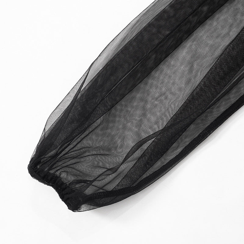 Mesh Puff Sleeve Pleated Bodycon Dress with Panel Stitching | noémi