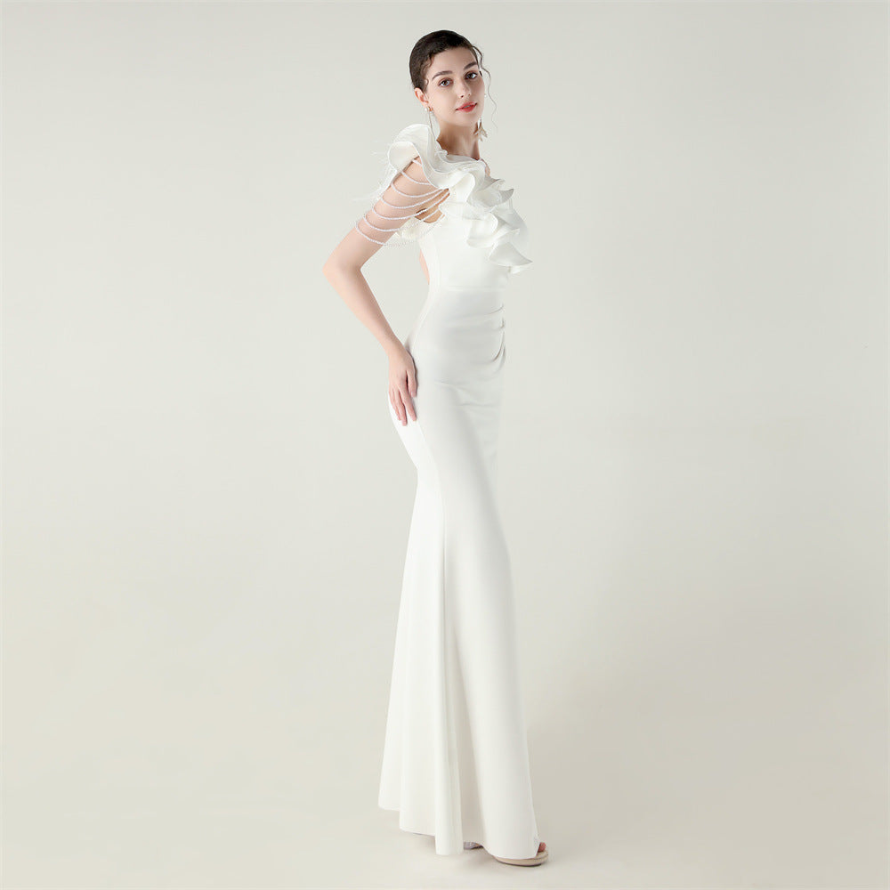 One Shoulder Floral Satin Gown | Beaded Ruffle High Slit | noémi