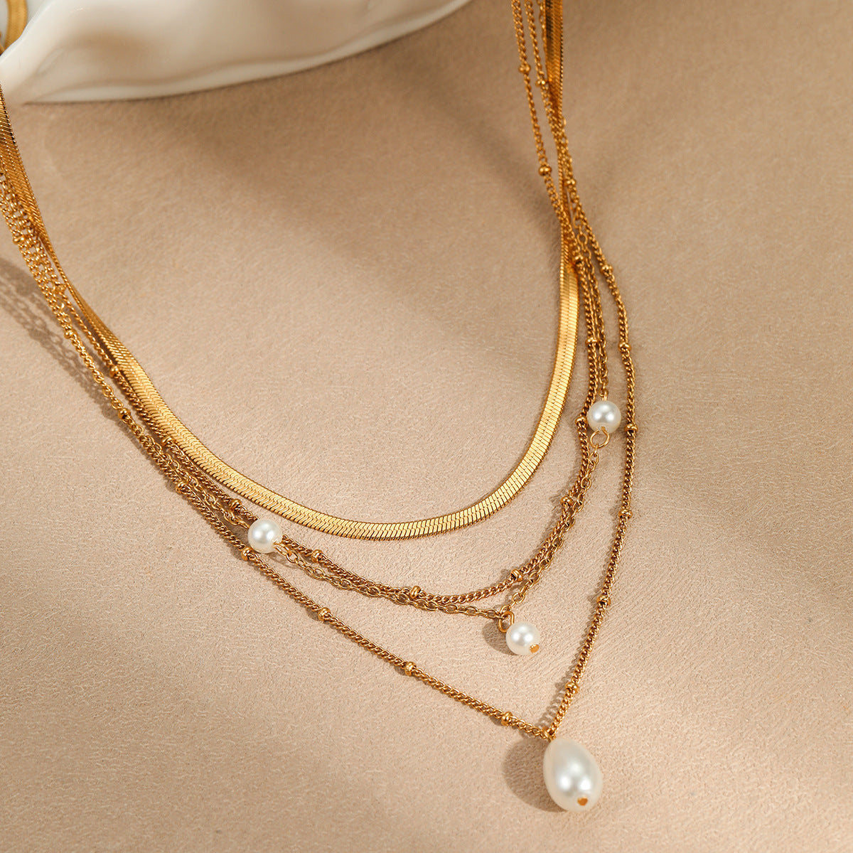 Multi Layer Gold Necklace with Water Drop Pearl | Tassel Pendant for Women | noémi
