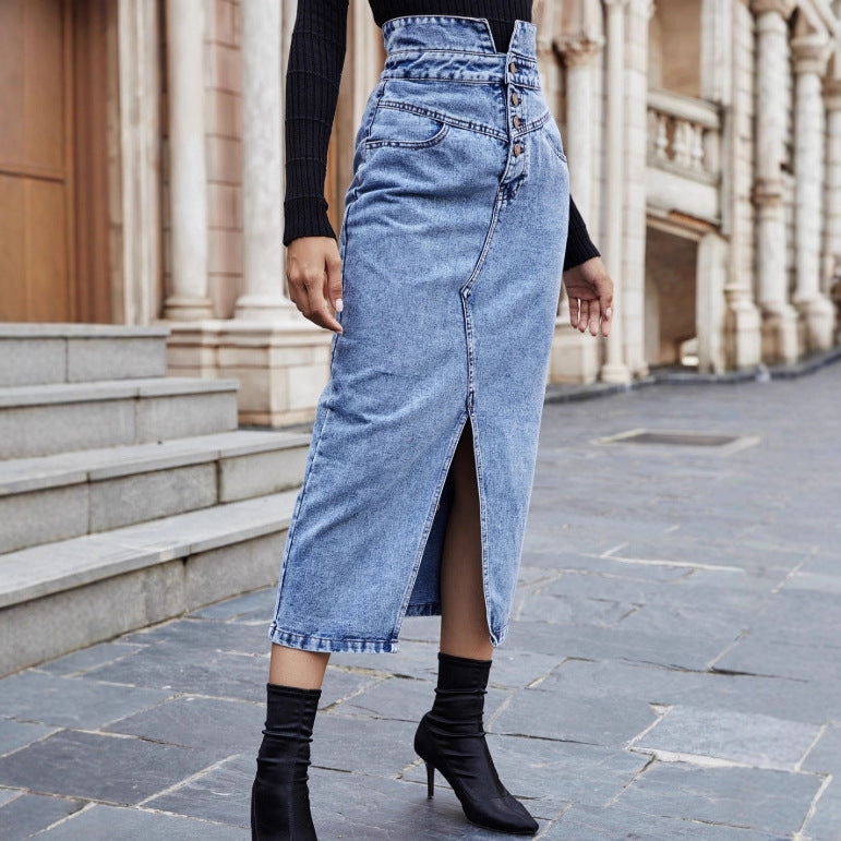 High Waisted Denim Midi Skirt | Front Slit, Vintage Wash, Snatched Fit | noémi