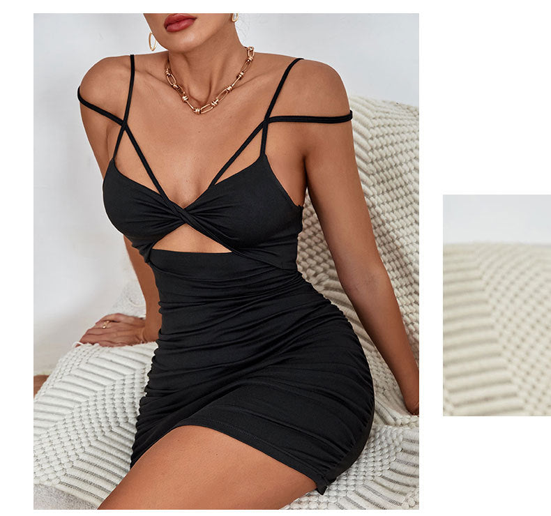 Black Sling Dress with Ruffle Hip and Cutout Detail | noémi