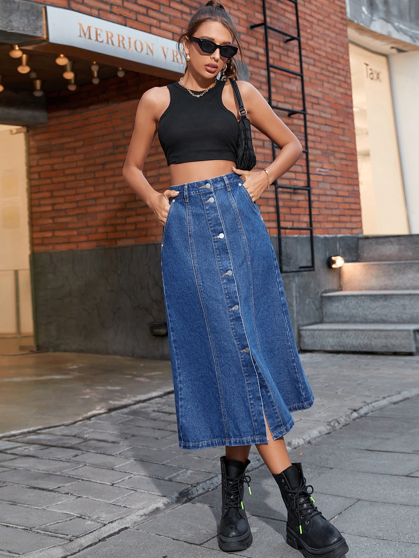Women’s High Waist Button Denim Skirt with Front Split | noémi