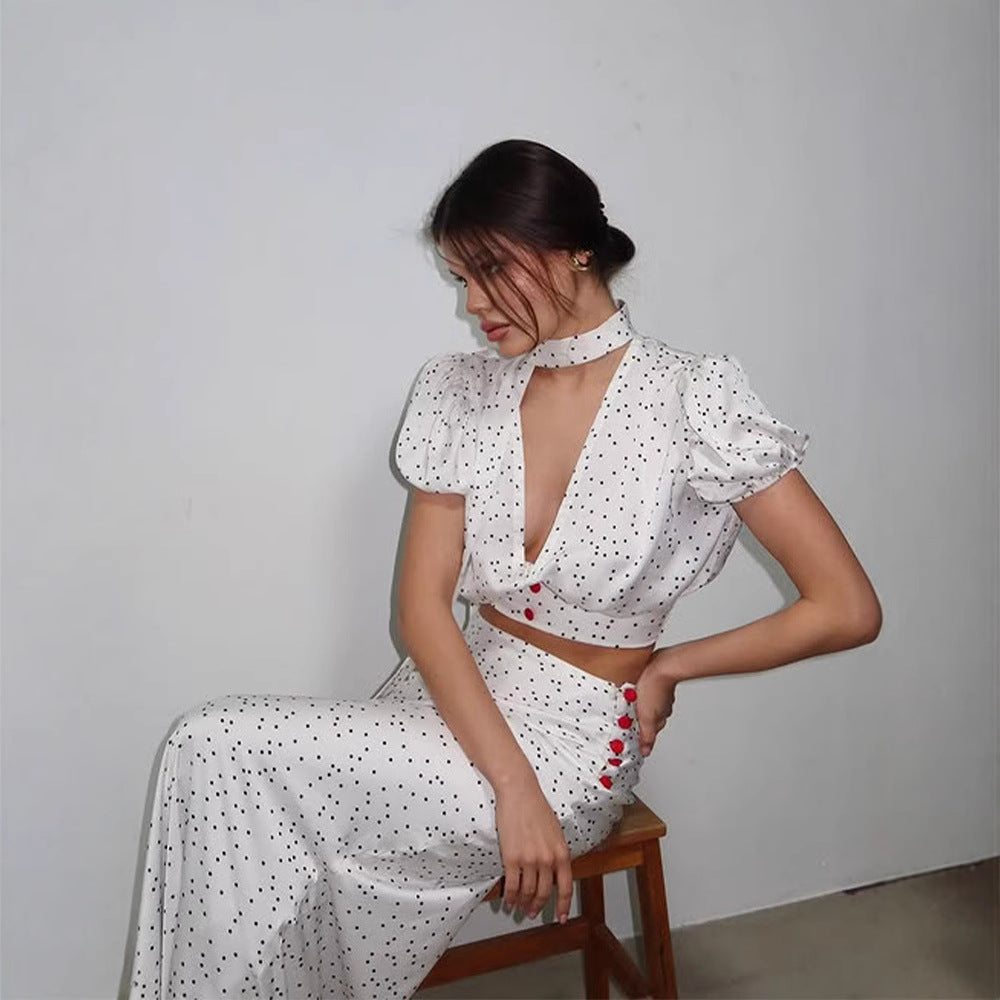 Polka Dot Satin Fishtail Skirt & V Neck Short Top Two Piece Set | noémi
