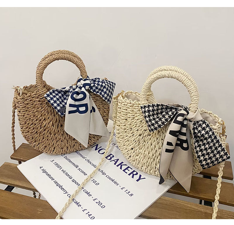Straw Crossbody Bag with Plaid Scarf | Stylish Woven Summer Beach Bag | noémi
