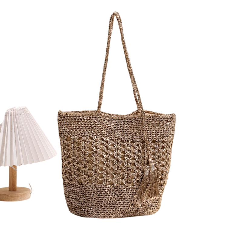 Large-Capacity Hollow-Out Straw Shoulder Tote – Tassel Boho Beach Bag, Natural/Gold | noémi