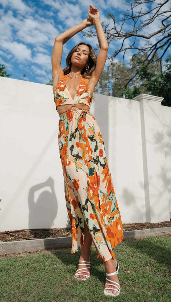 Floral Halter V Neck Maxi Dress | Backless, High Slit, Summer Boho Chic | noémi