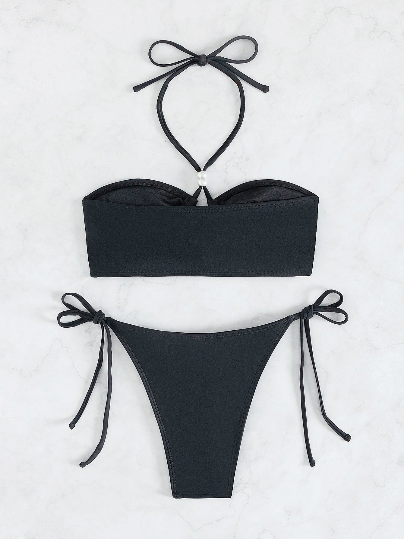Halter Lace Up Bikini with Pearl Detail and Split Design | noémi