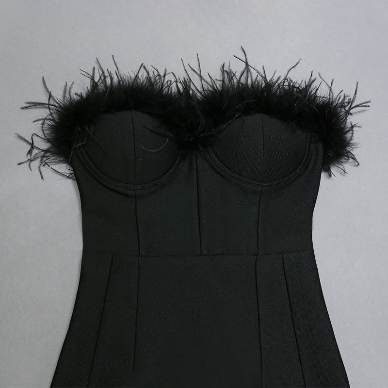 Women Tube Top Long Dress with Feather Trim and Bandage Fit | noémi