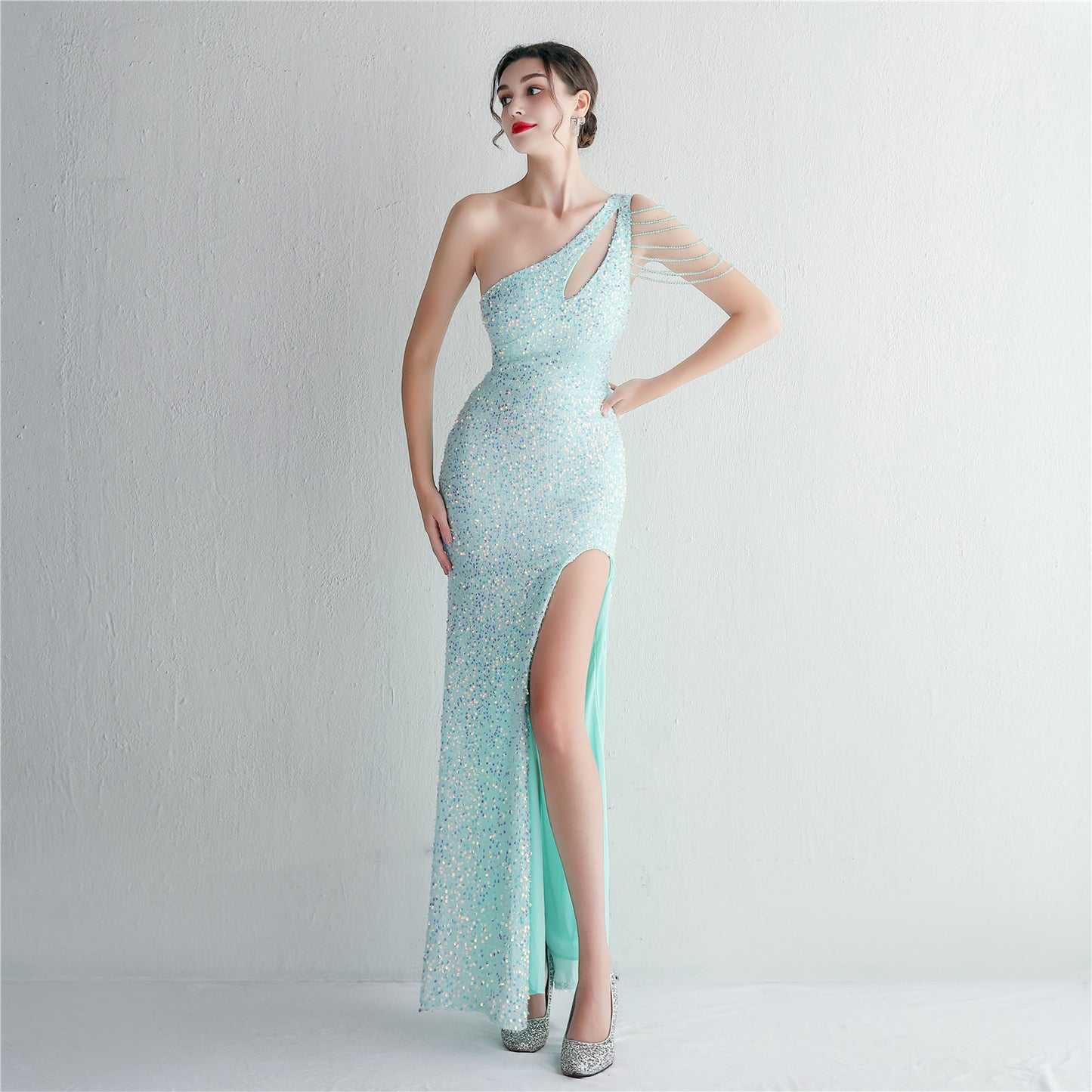 Sequin Fishtail Gown with Beaded Shoulder | One Shoulder Dress | noémi