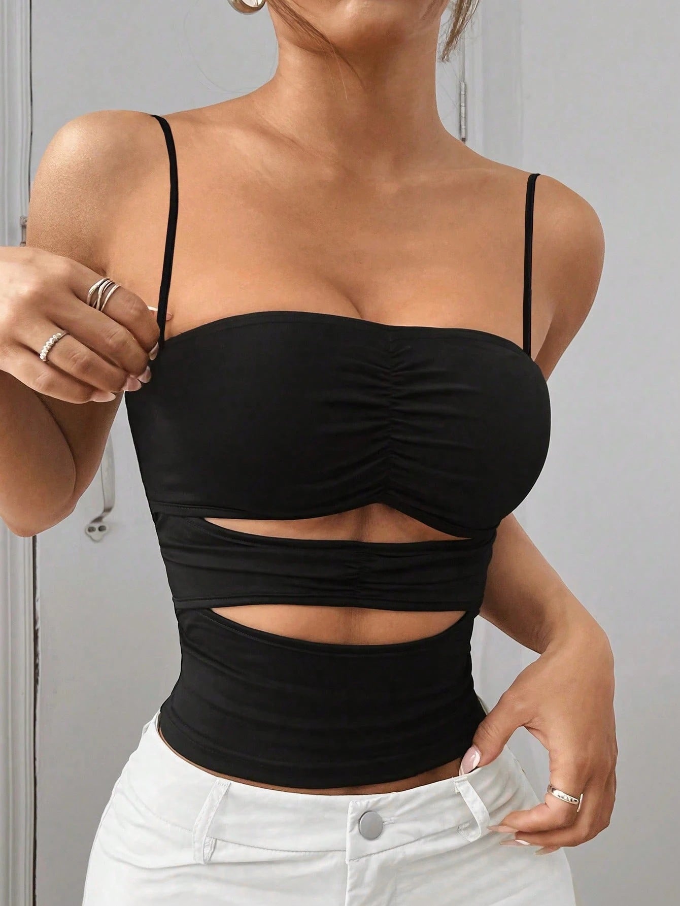 Ruched Cutout Crop Top | Black Fitted Tank with Double Waist Cutouts | Strappy Sleeveless | noémi