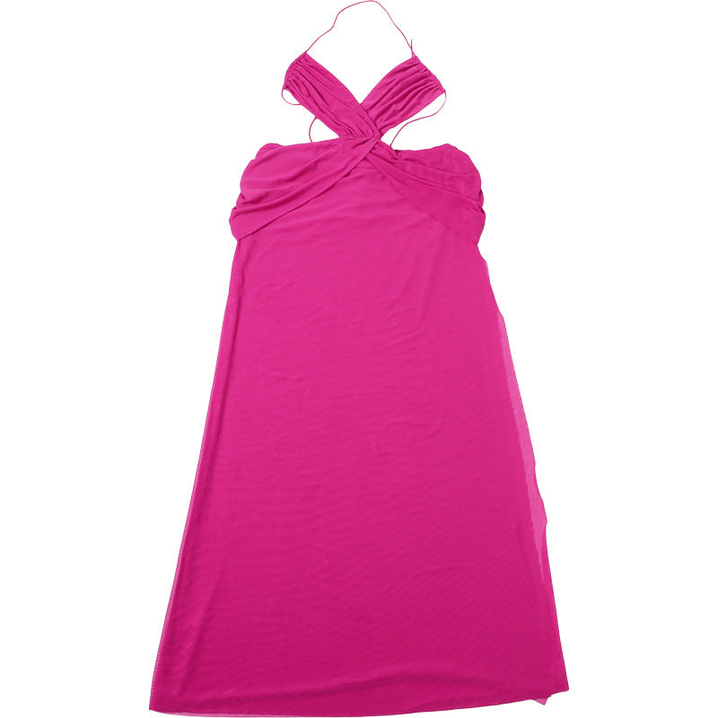 Womens Lace Up Halter Backless Sheer Maxi Dress | noémi