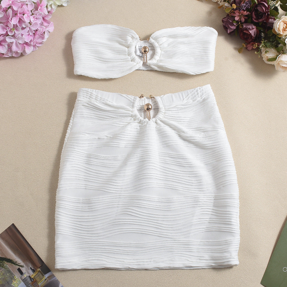 Striped Two Piece Set | Backless Cropped Top Wrapped Mini Skirt with Metal Accent | noémi