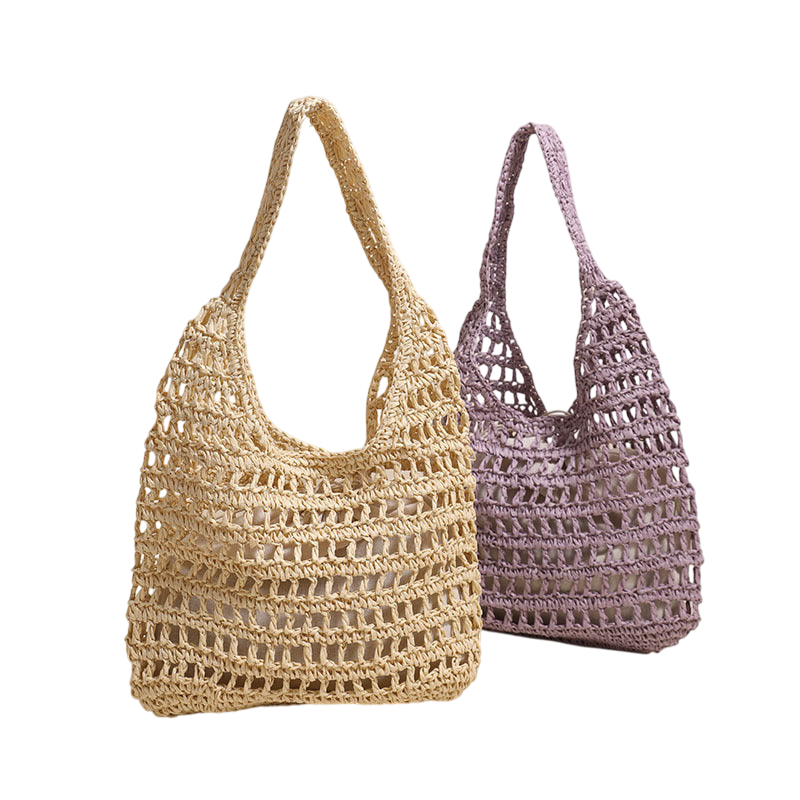 Large-Capacity Pink Straw Shoulder Tote Bag – Hollow-Out Woven Beach Carryall | noémi