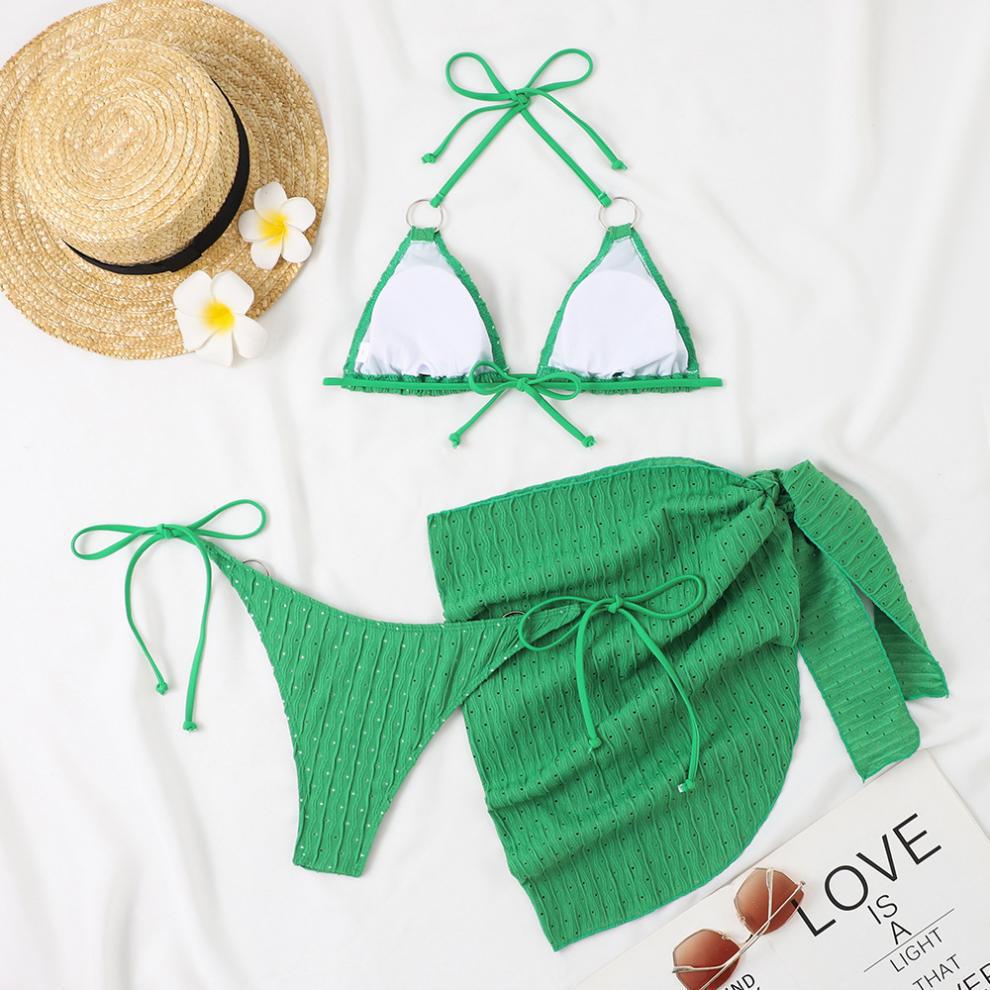 Bold Mesh Bikini Three Piece Swimsuit Set Solid Color | noémi