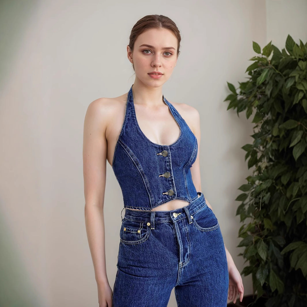 Mediation Halter Denim Vest | Backless, Cutout, Stretchy & Stylish Women’s Outerwear Top | noémi