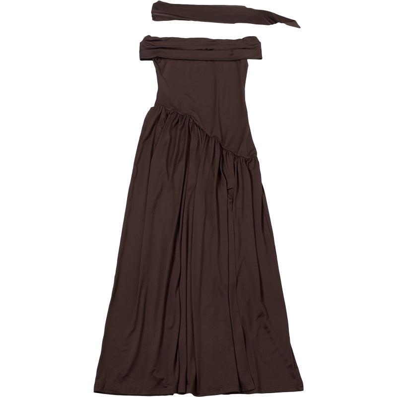 WomensSlim Fit Off Shoulder Dress with Scarf Collar and Backless Split | noémi