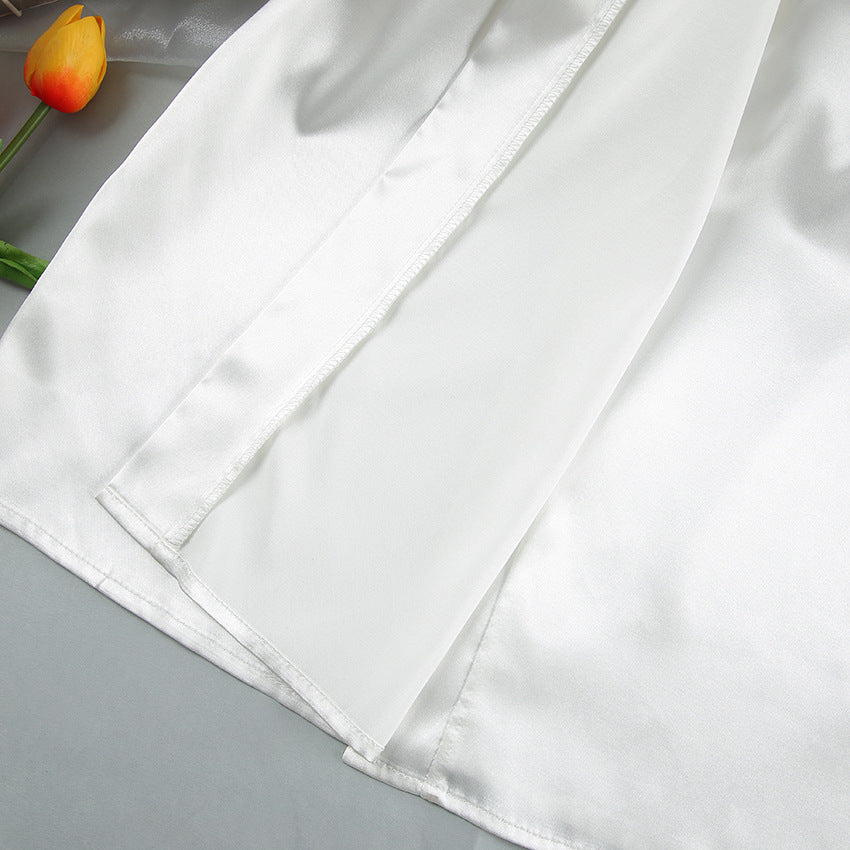 White Satin Feather Trim Robe | Bridal Lounge Robe, Belted Kimono Style | noémi