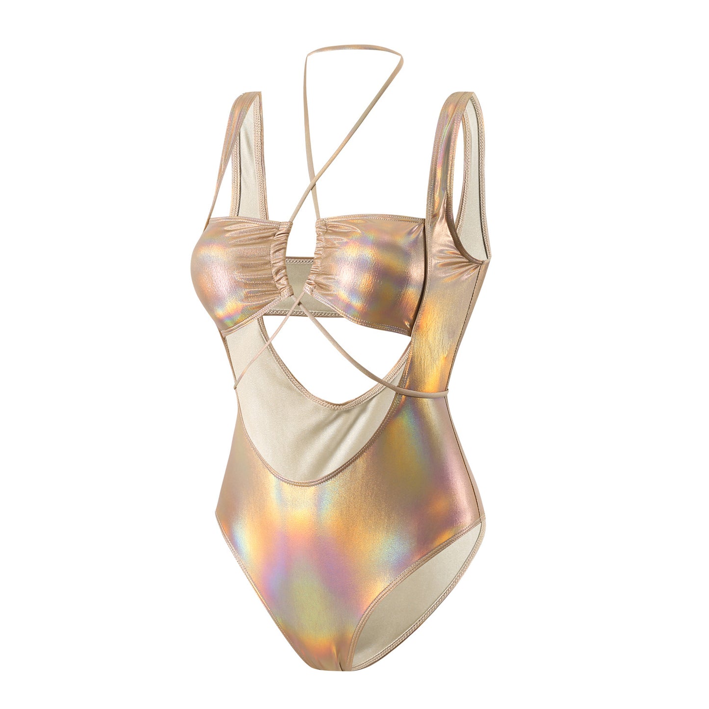 Laser Glossy One Piece Swimsuit with Hollow Drawstring Cutouts | noémi