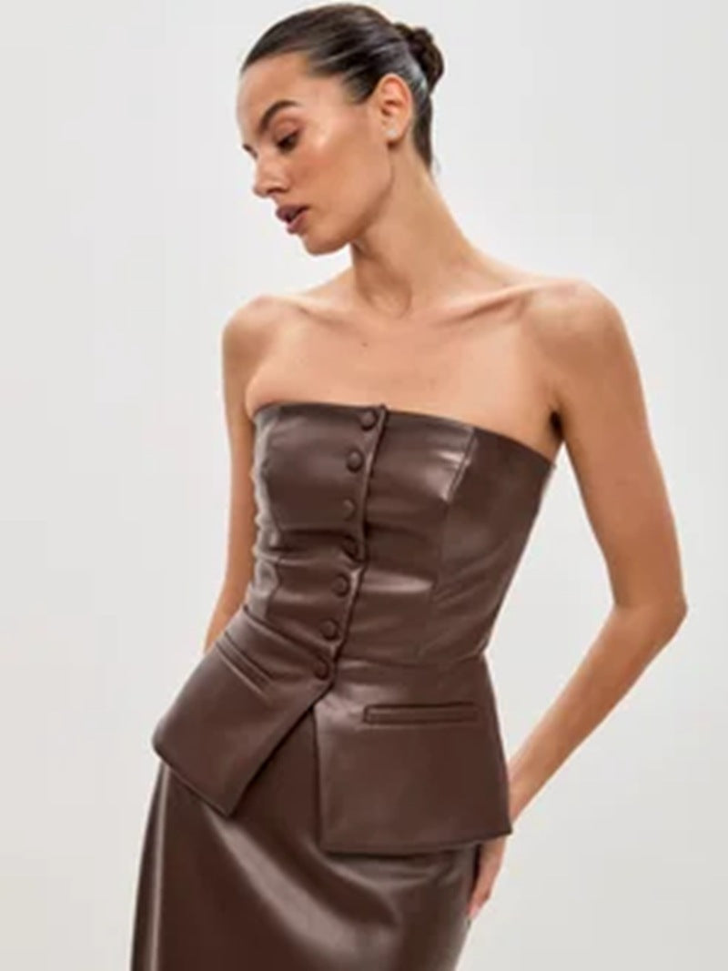 Faux Leather | Single Breasted | Strapless Tube Top | Cropped Vest | noémi