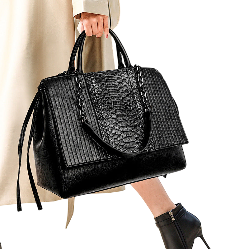 Crocodile-Embossed Faux-Leather Shoulder Tote Bag – Large-Capacity Office Carryall, Brown | noémi