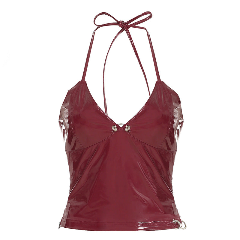 Wine Red Faux Leather Halter Top | Backless, ZipUp Camisole with LaceUp Detail | noémi