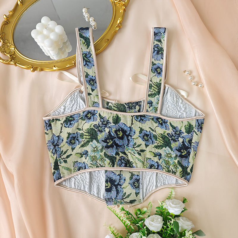 Printed Lace Up Corset Top | Floral Wide Strap Vest | noémi