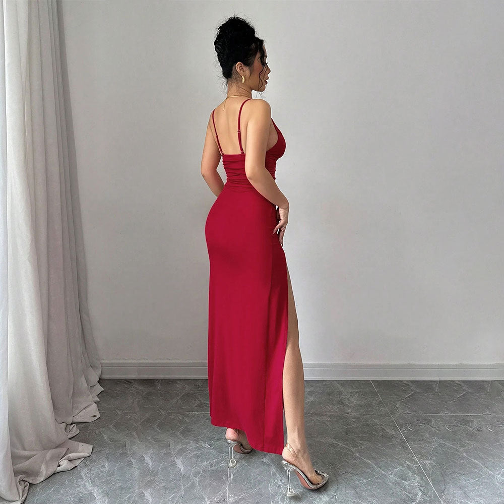Womens Red Bodycon Maxi Dress | Spaghetti Strap with High Slit & Open Back | noémi