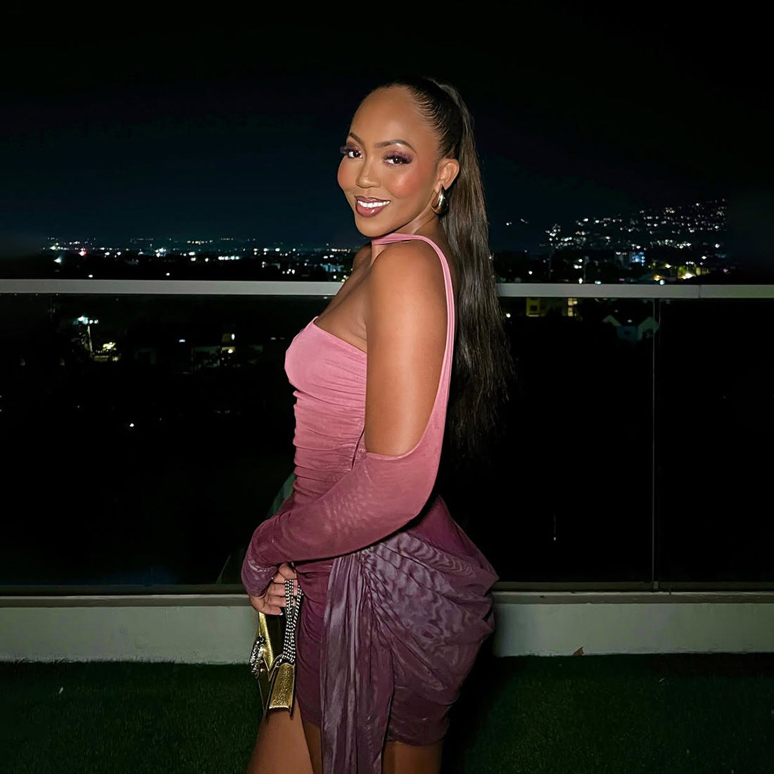 Mesh Sleeve Bodycon Dress | Bandeau Halter Finger Fit Design with Ribbon Detail | noémi