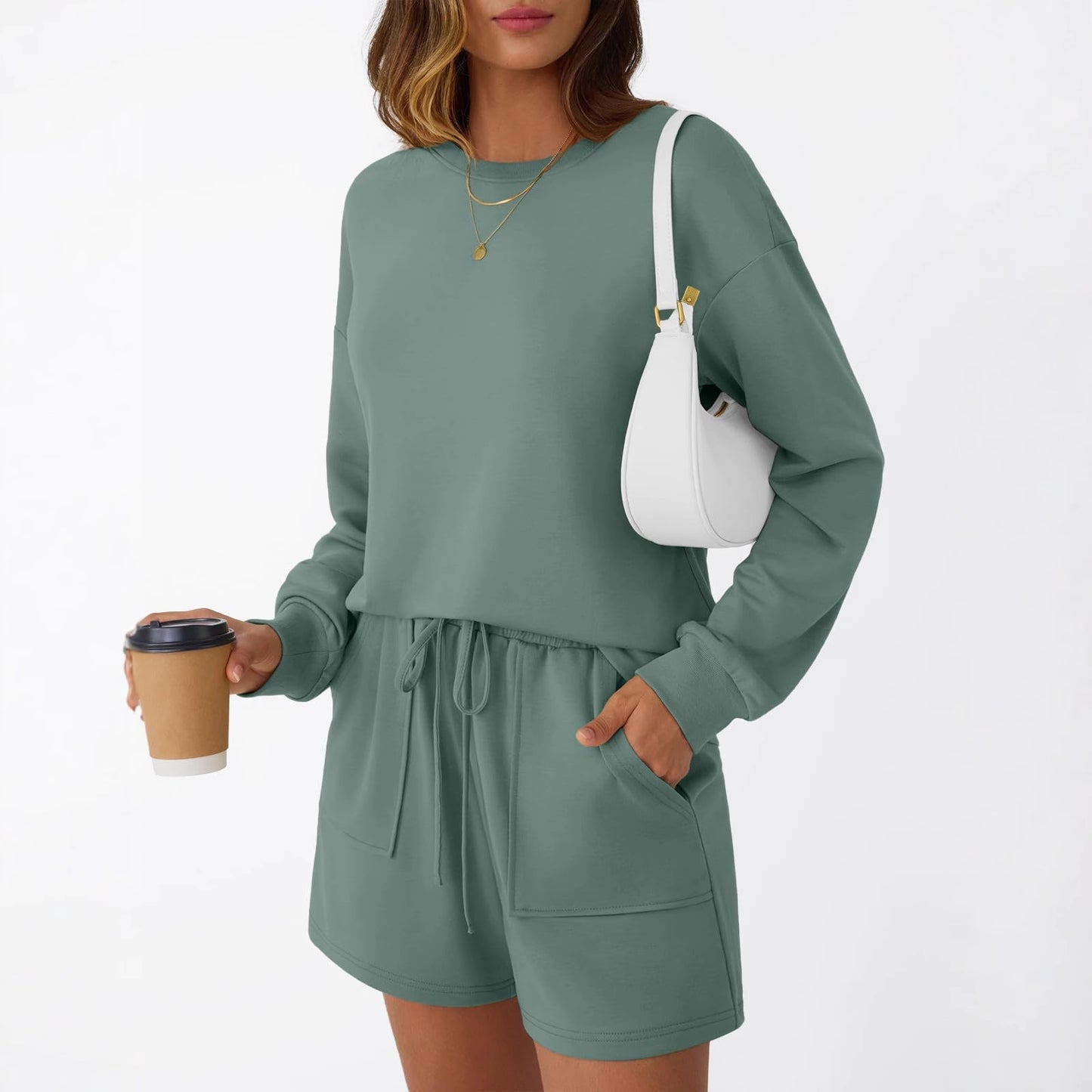 Fall Two Piece Lounge Set | Long Sleeve Pullover & Drawstring Shorts, Soft Knit | noémi