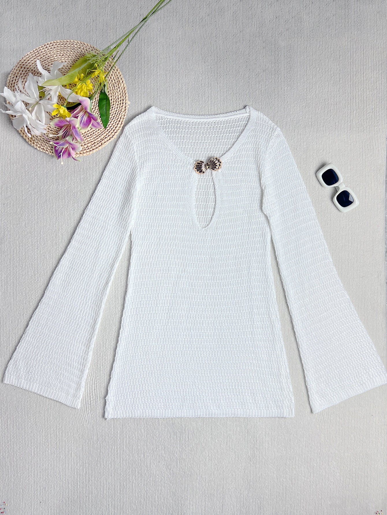 Butterfly Crochet Mini Dress | White Long Sleeve Cover Up with Keyhole Cut Out | noémi