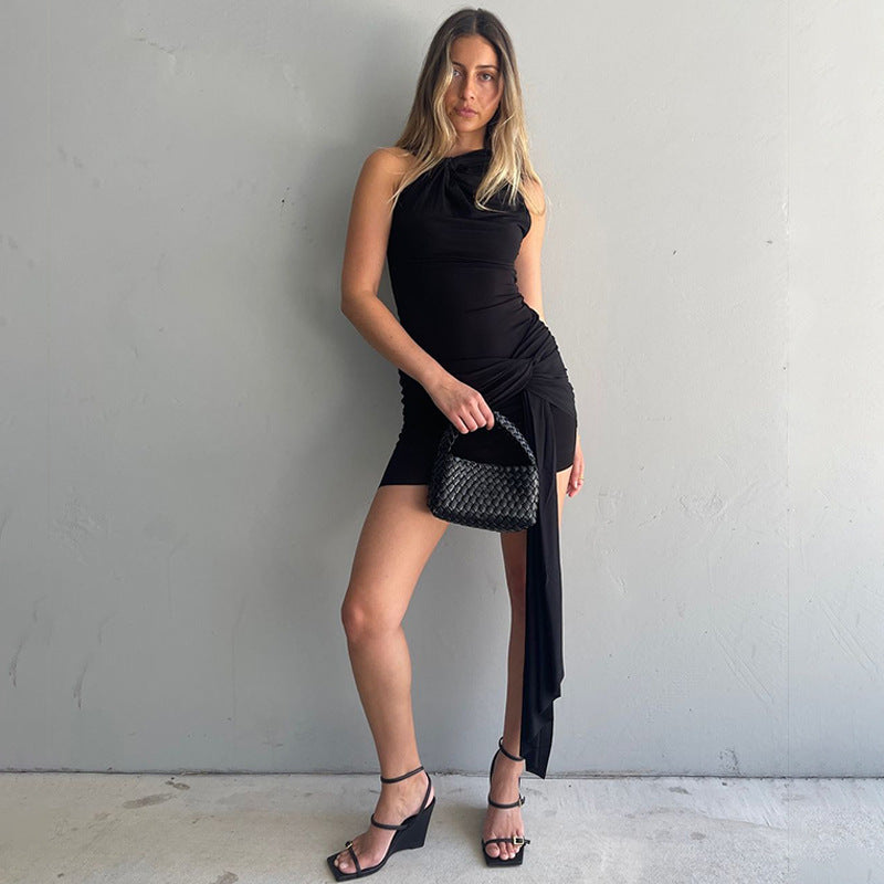 Pleated Sheath Dress with Lace Up Detail and Slim Fit Design | noémi