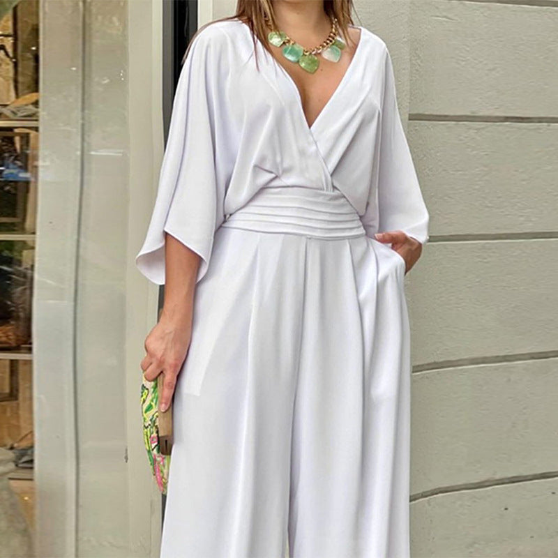 Women’s V Neck Wide Leg Jumpsuit | Batwing Sleeves, Waist Trim Fit, Backless | noémi