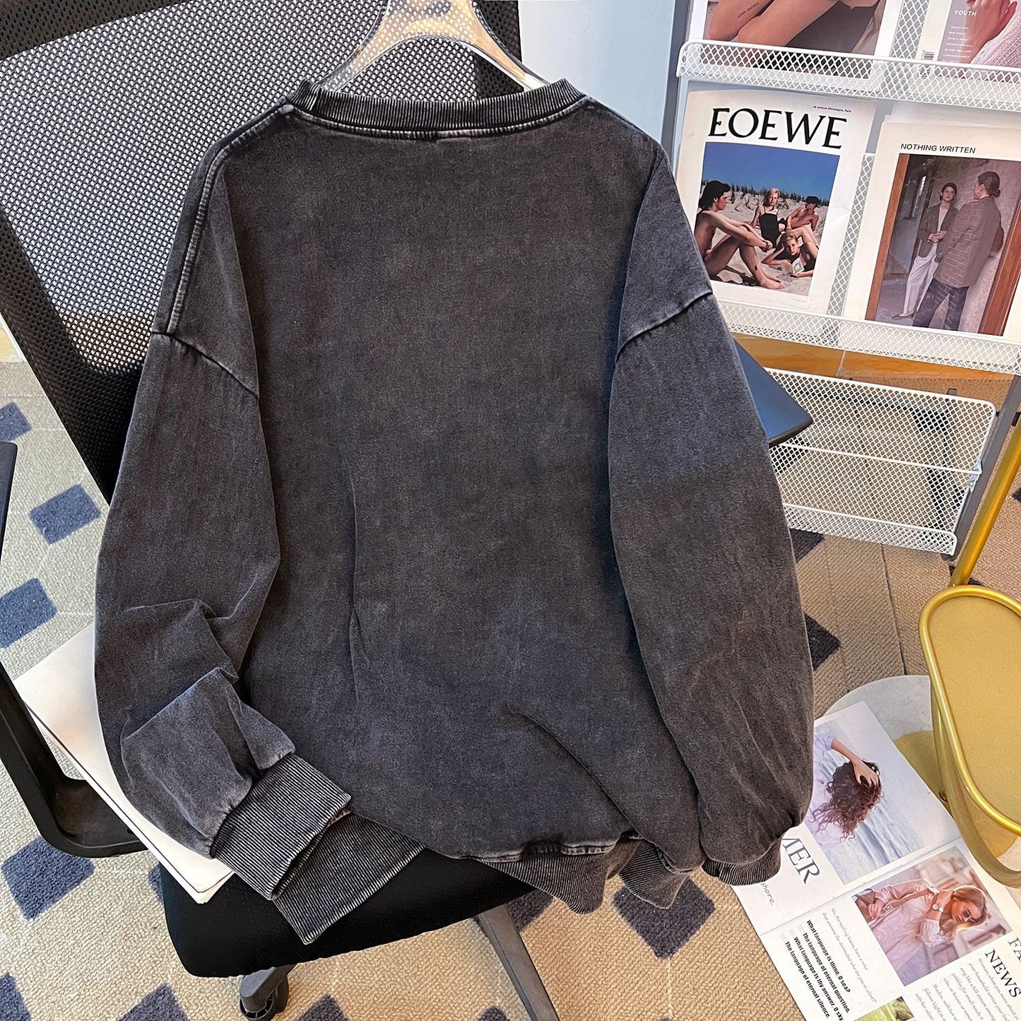 Fleece Lined Bow Sweater | Washed Black, Thickened Loose Fit | noémi