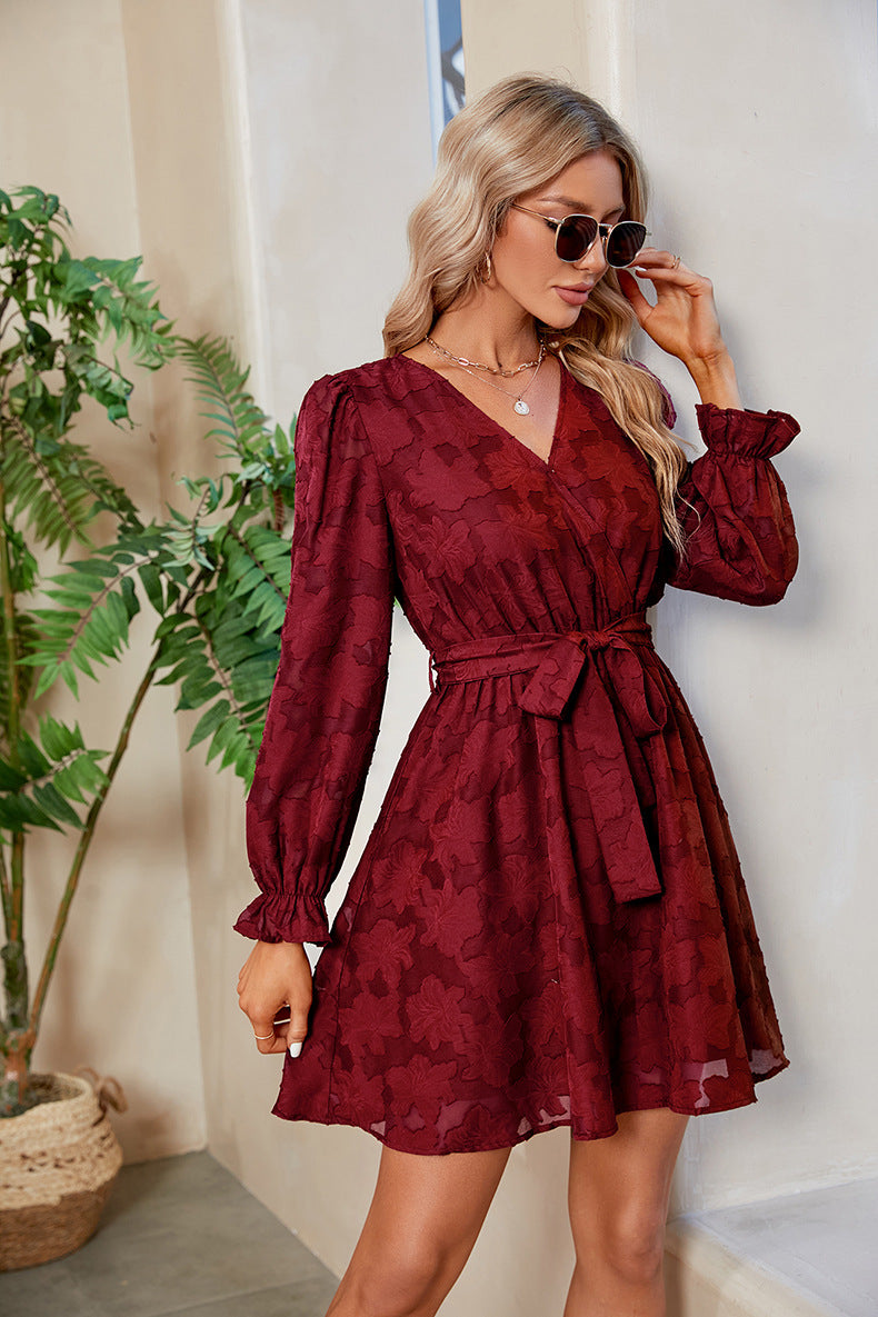 Lace Cocktail Dress | V Neck Long Sleeve Flare with Belt | noémi